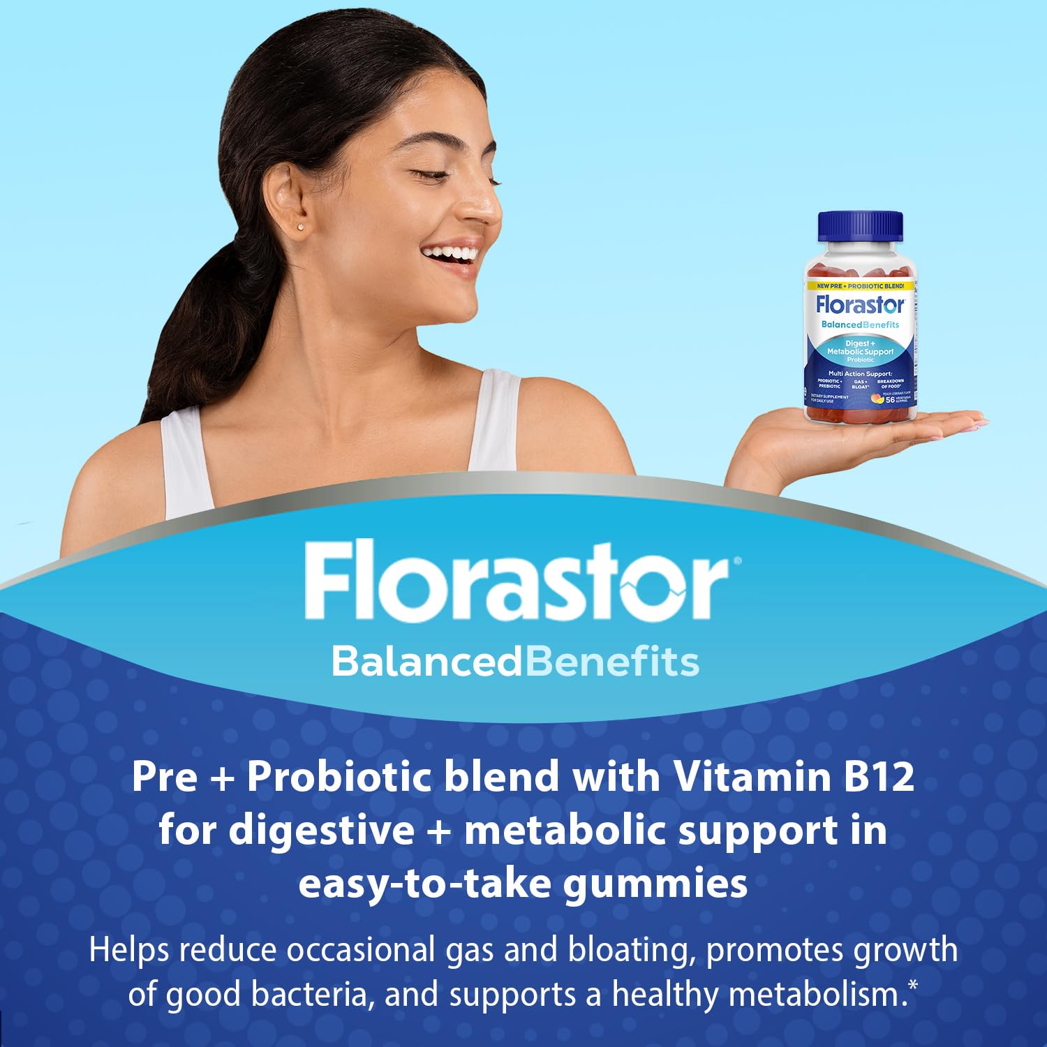 Florastor Peach Lemon Gummies bottle back lists ingredients supporting metabolism and gut health.