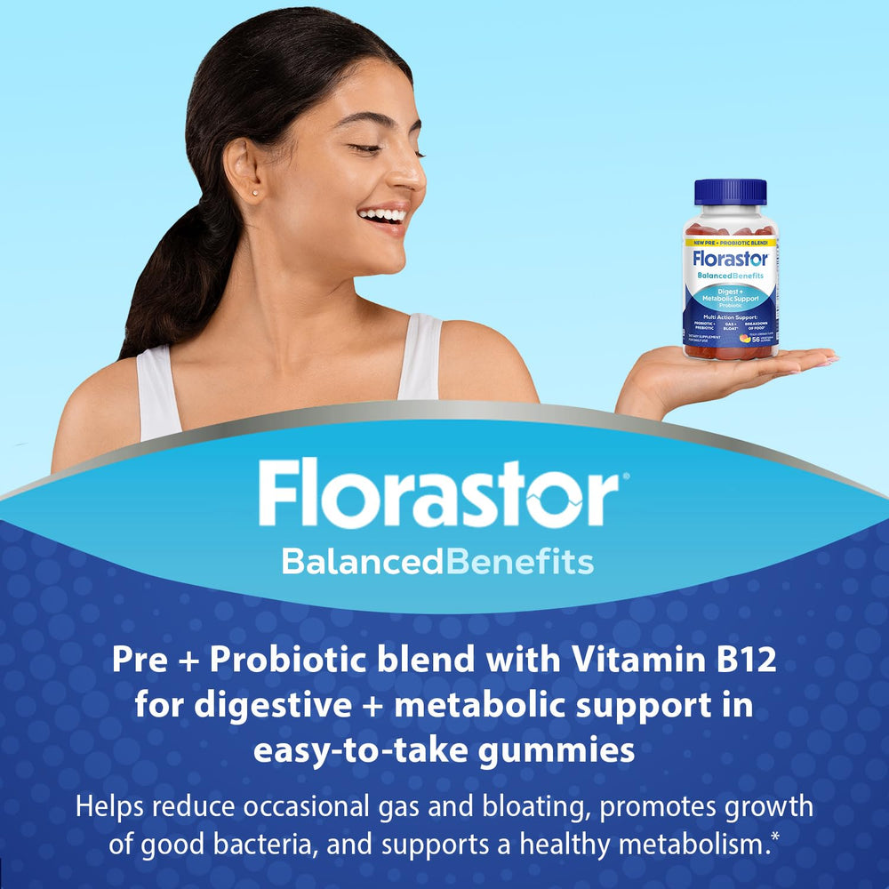 Florastor Peach Lemon Gummies bottle back lists ingredients supporting metabolism and gut health.