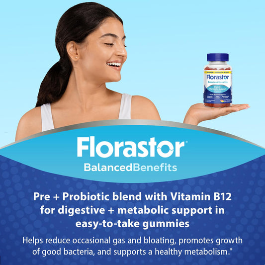 Florastor Peach Lemon Gummies bottle back lists ingredients supporting metabolism and gut health.