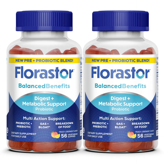 Florastor Peach Lemon Gummies bottle front highlighting flavor and probiotic blend for digestive support.
