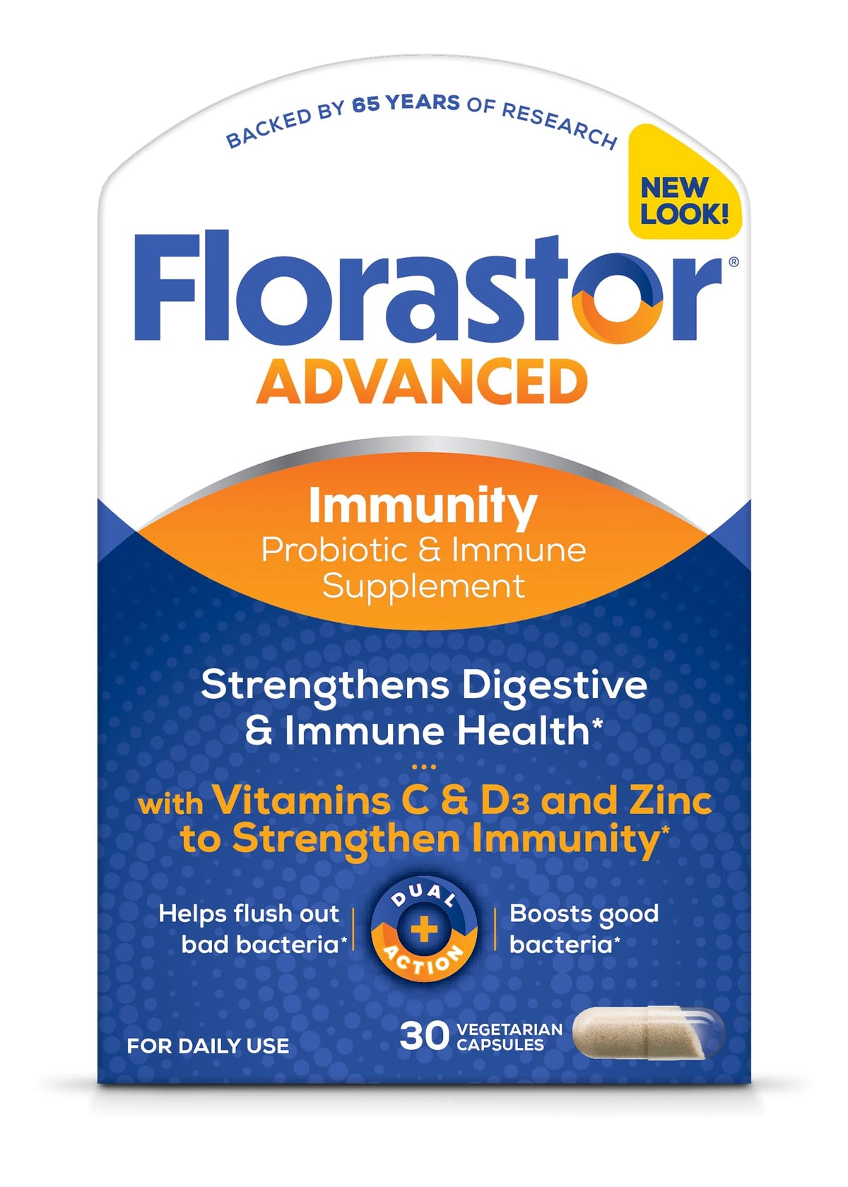 Florastor Select immunity bottle showing daily probiotic capsules for immune support.
