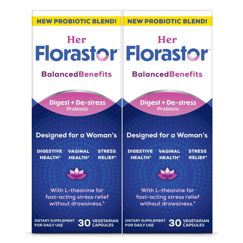 Florastor women's probiotic bottle showing digestive and vaginal support for daily balance.