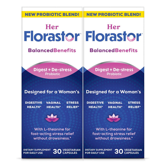 Florastor women's probiotic bottle showing digestive and vaginal support for daily balance.