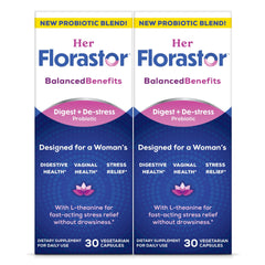 Florastor women's probiotic bottle showing digestive and vaginal support for daily balance.