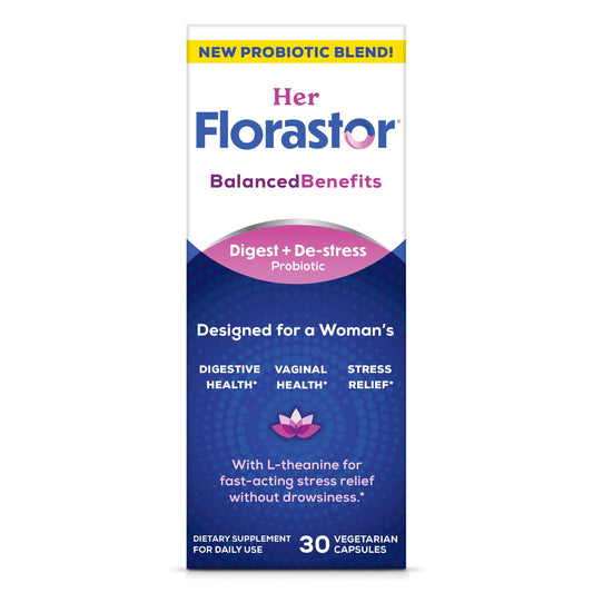 Florastor women's probiotic bottle close-up for digestive and vaginal balance.