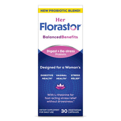 Florastor women's probiotic bottle close-up for digestive and vaginal balance.