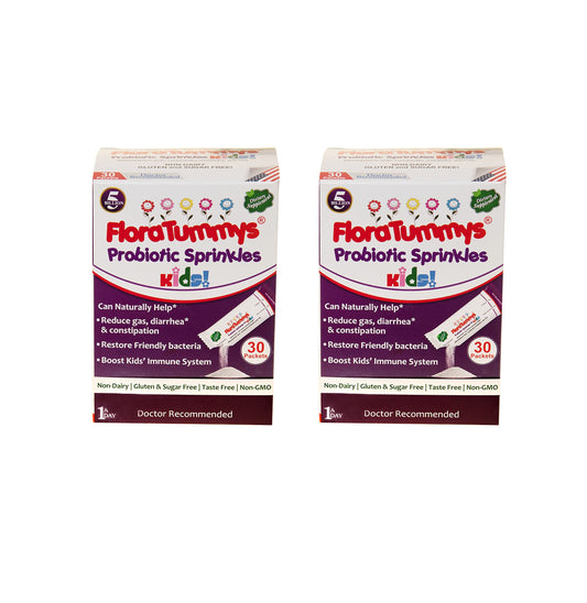 FloraTummys Probiotic Sprinkles packaging front, kid-friendly and allergen-free.