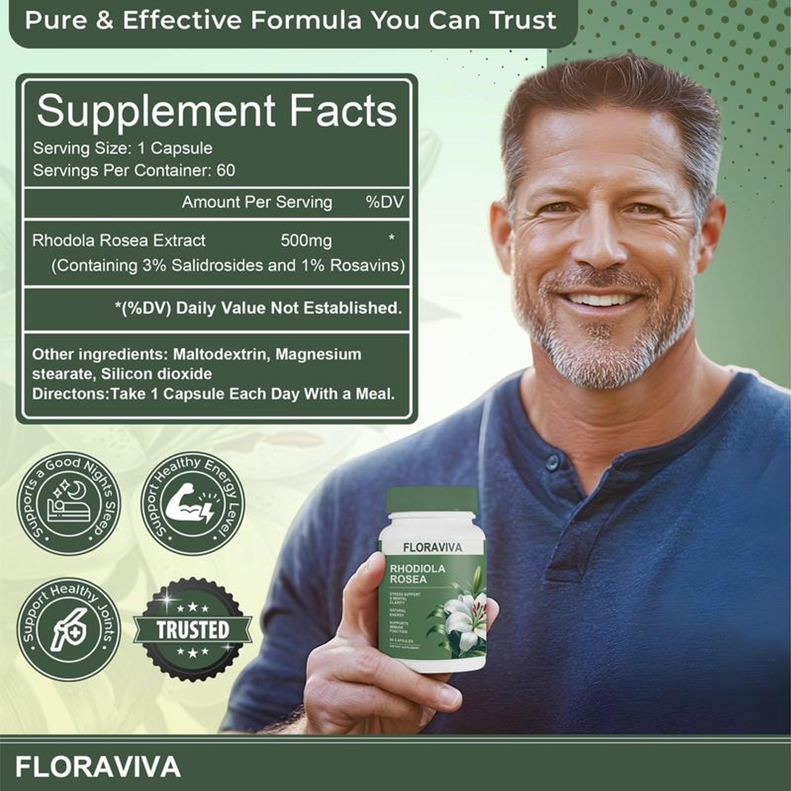 Floraviva Rhodiola label close-up showing standardized extract