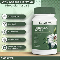 Floraviva Rhodiola packaging front highlighting non-GMO and gluten-free