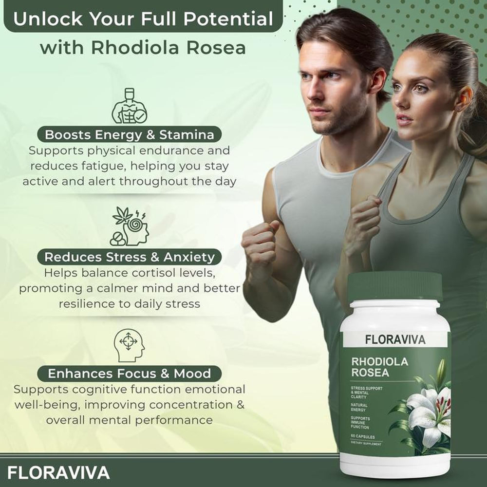 Floraviva Rhodiola capsules being poured into a cup