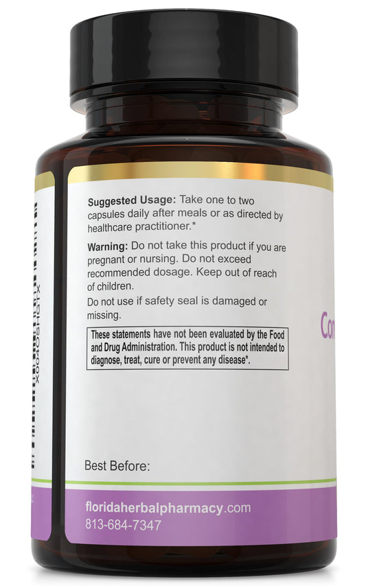 Florida Herbal Pharmacy bottle and label showing GMP certification and safety.