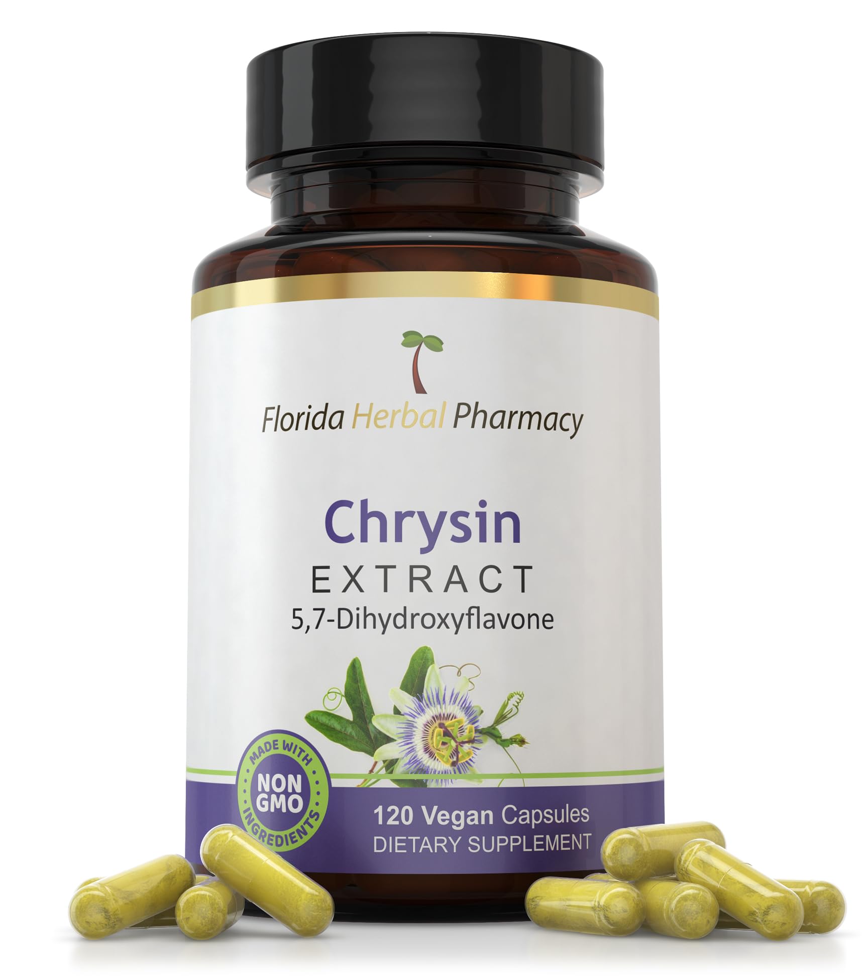 Florida Herbal Pharmacy Chrysin bottle closeup highlighting natural flavonoid capsules for daily use