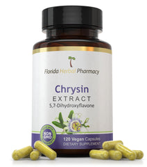 Florida Herbal Pharmacy Chrysin bottle closeup highlighting natural flavonoid capsules for daily use