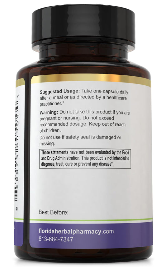 Florida Herbal Pharmacy Chrysin capsules on label emphasizing purity and third-party tested quality