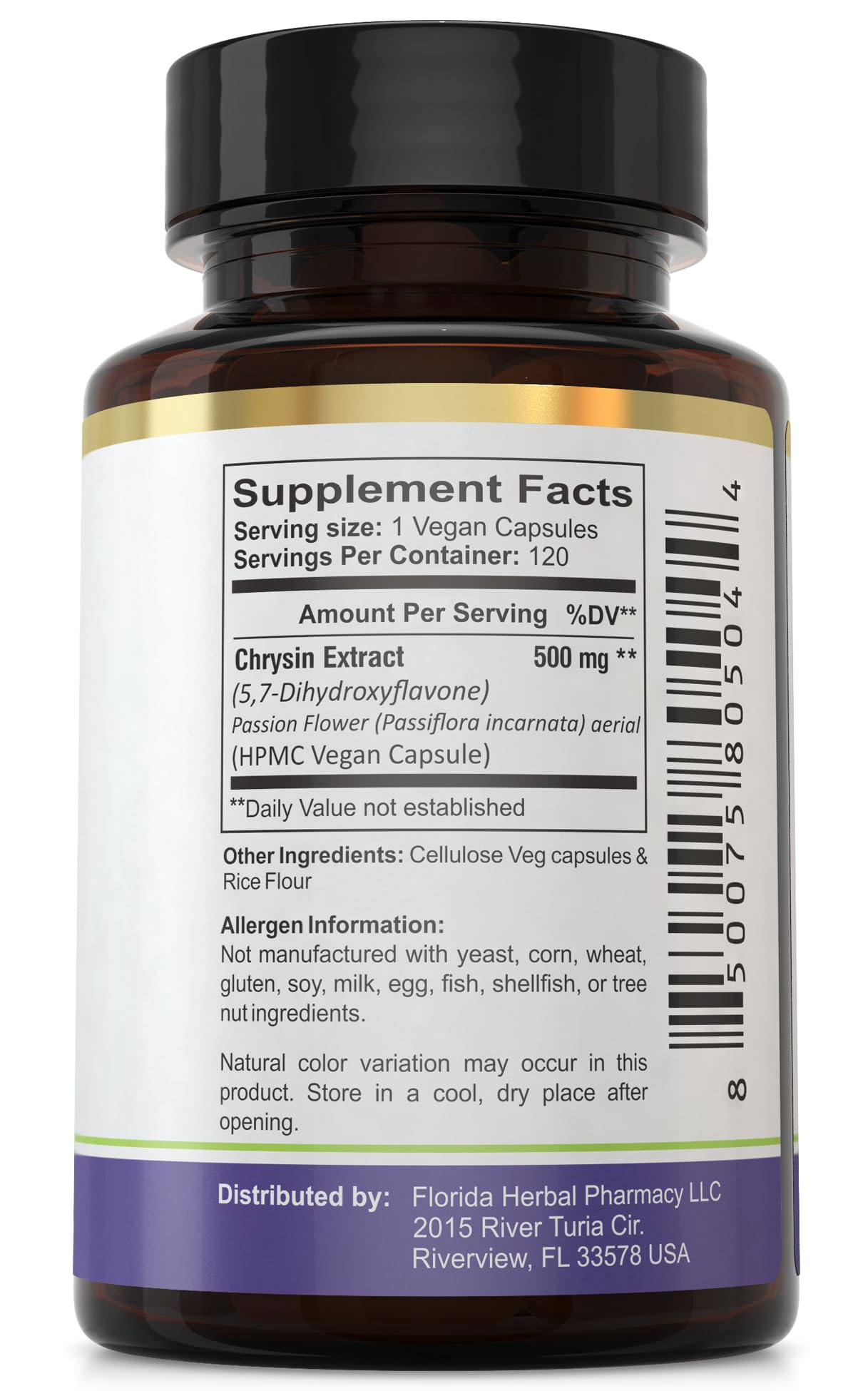 Florida Herbal Pharmacy Chrysin pack beside glass for easy daily intake