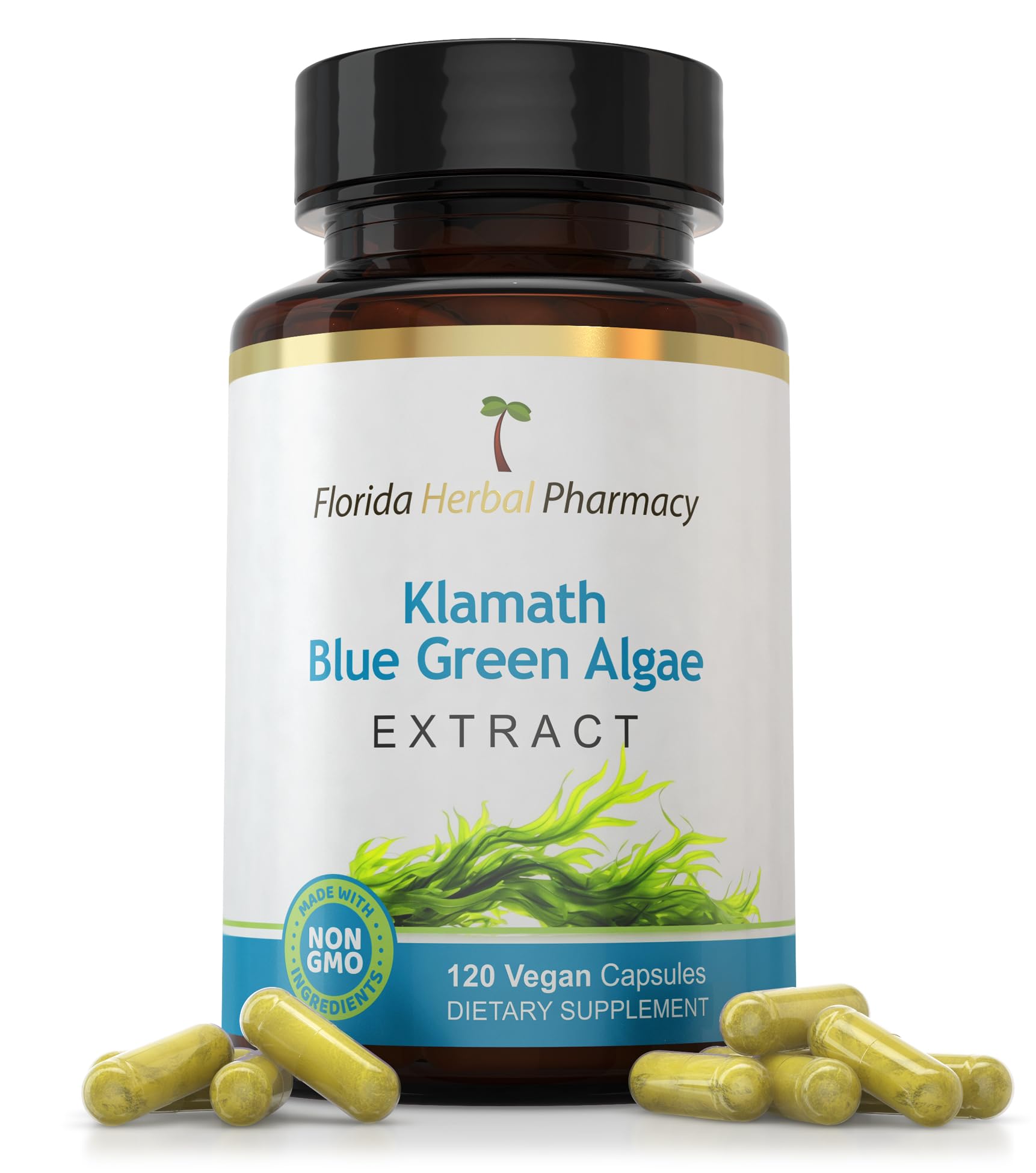 Florida Herbal Pharmacy Klamath Blue Green Algae Extract bottle, convenient daily capsule for routine wellness.
