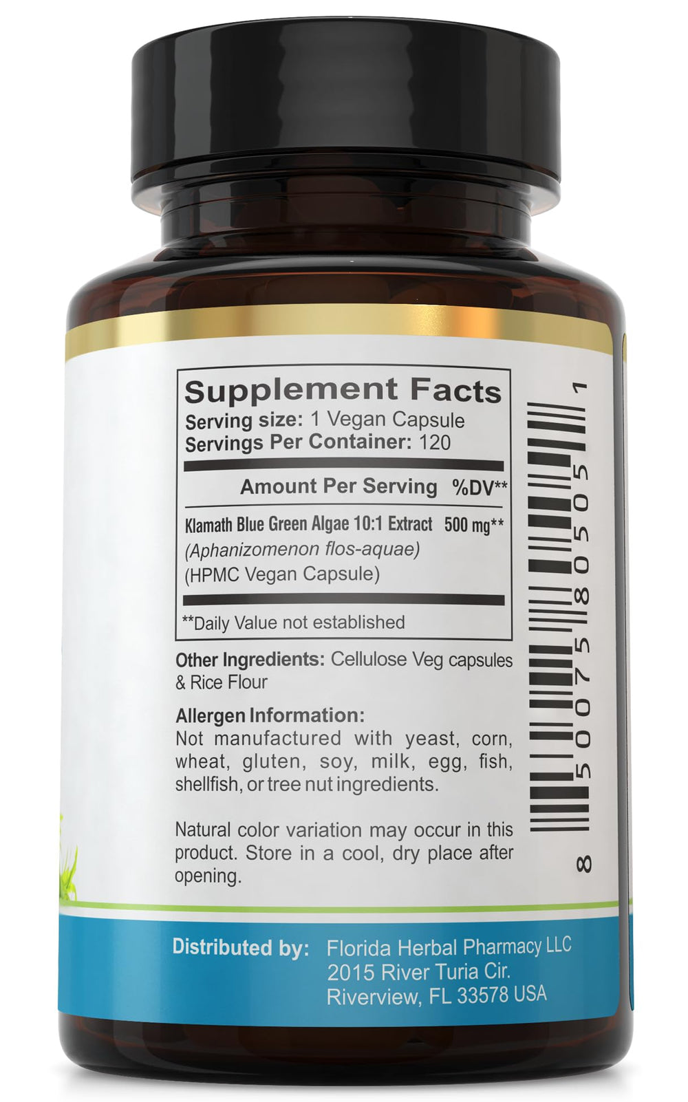 Florida Herbal Pharmacy Klamath Blue Green Algae Extract label close-up, GMP and third-party tested.