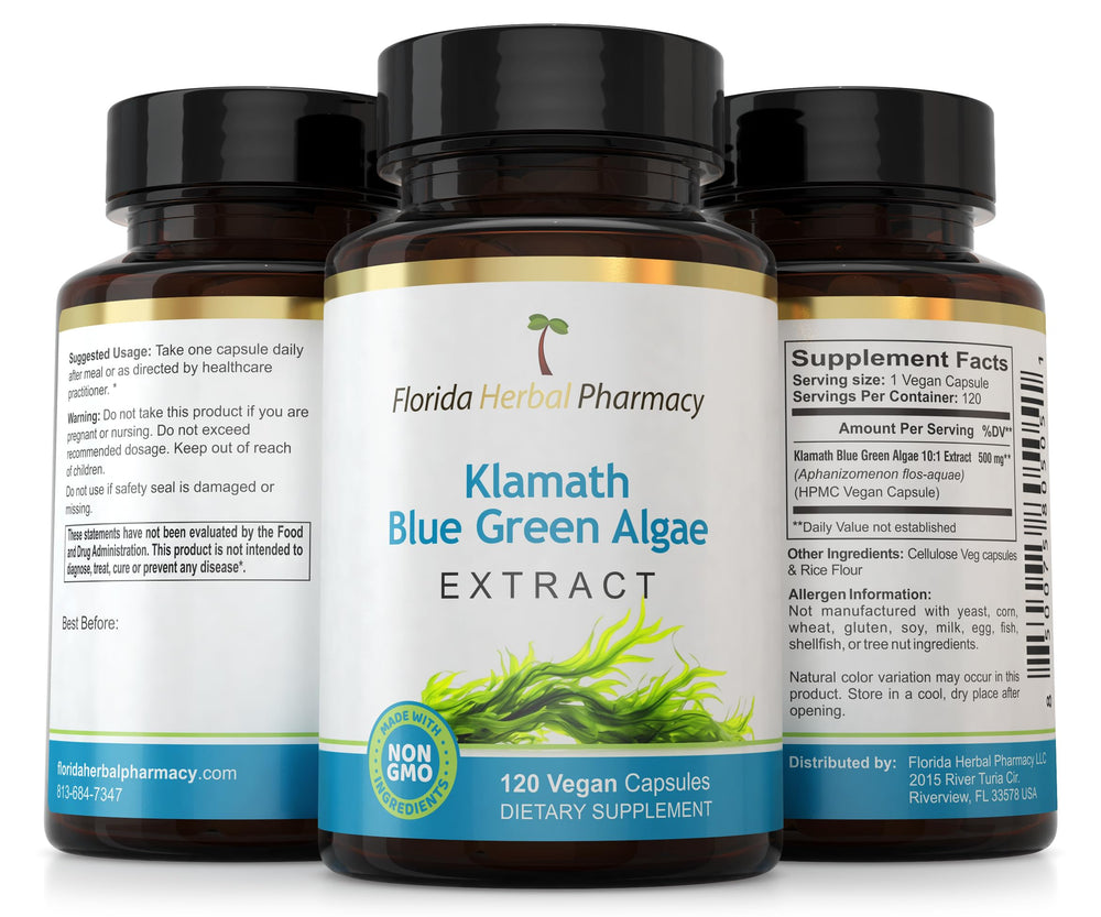 Florida Herbal Pharmacy Klamath algae package, on-the-go daily use supporting balanced routines.