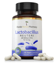 Florida Herbal Pharmacy Lactobacillus Reuteri capsules bottle showing 20B CFU potency