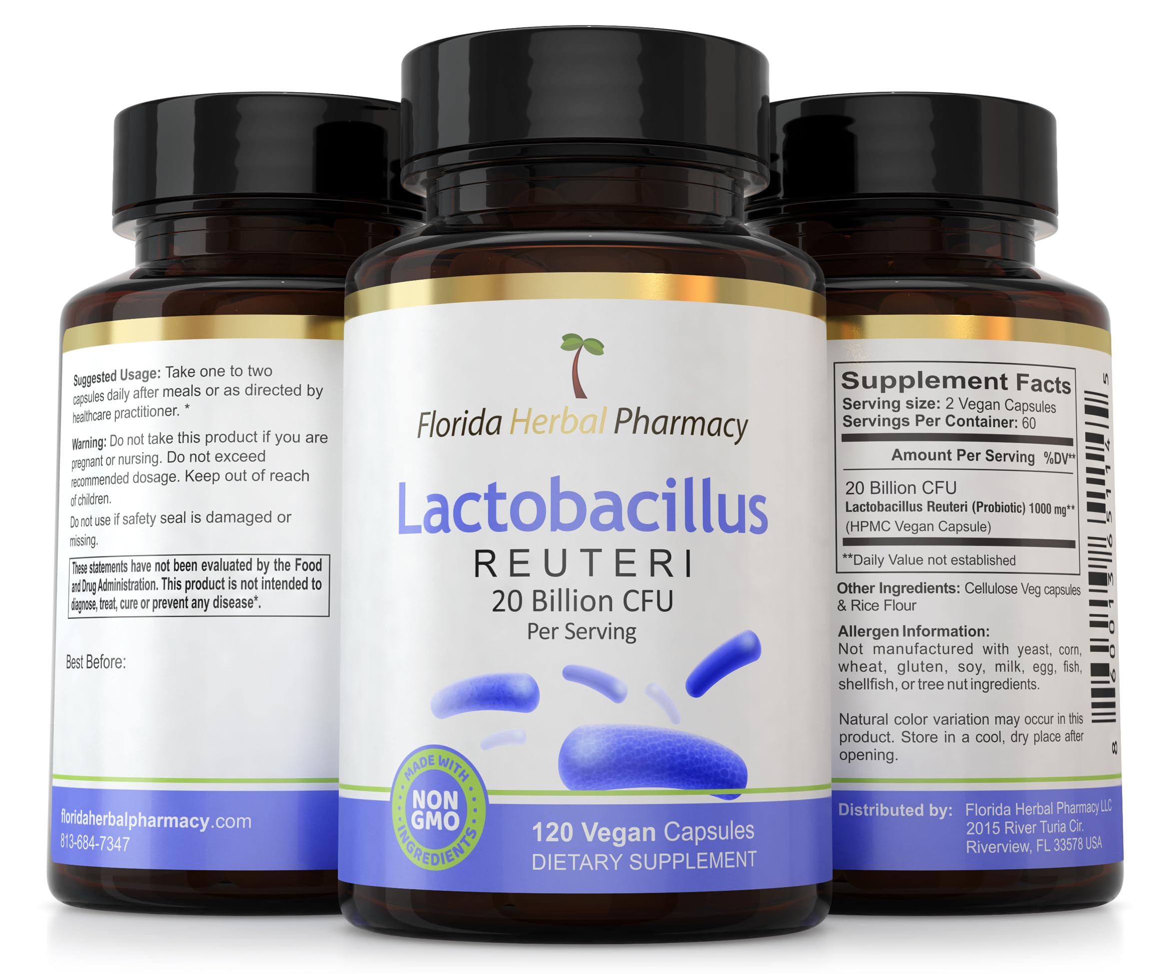 Florida Herbal Pharmacy Lreuteri capsules close-up on blister pack for on-the-go use