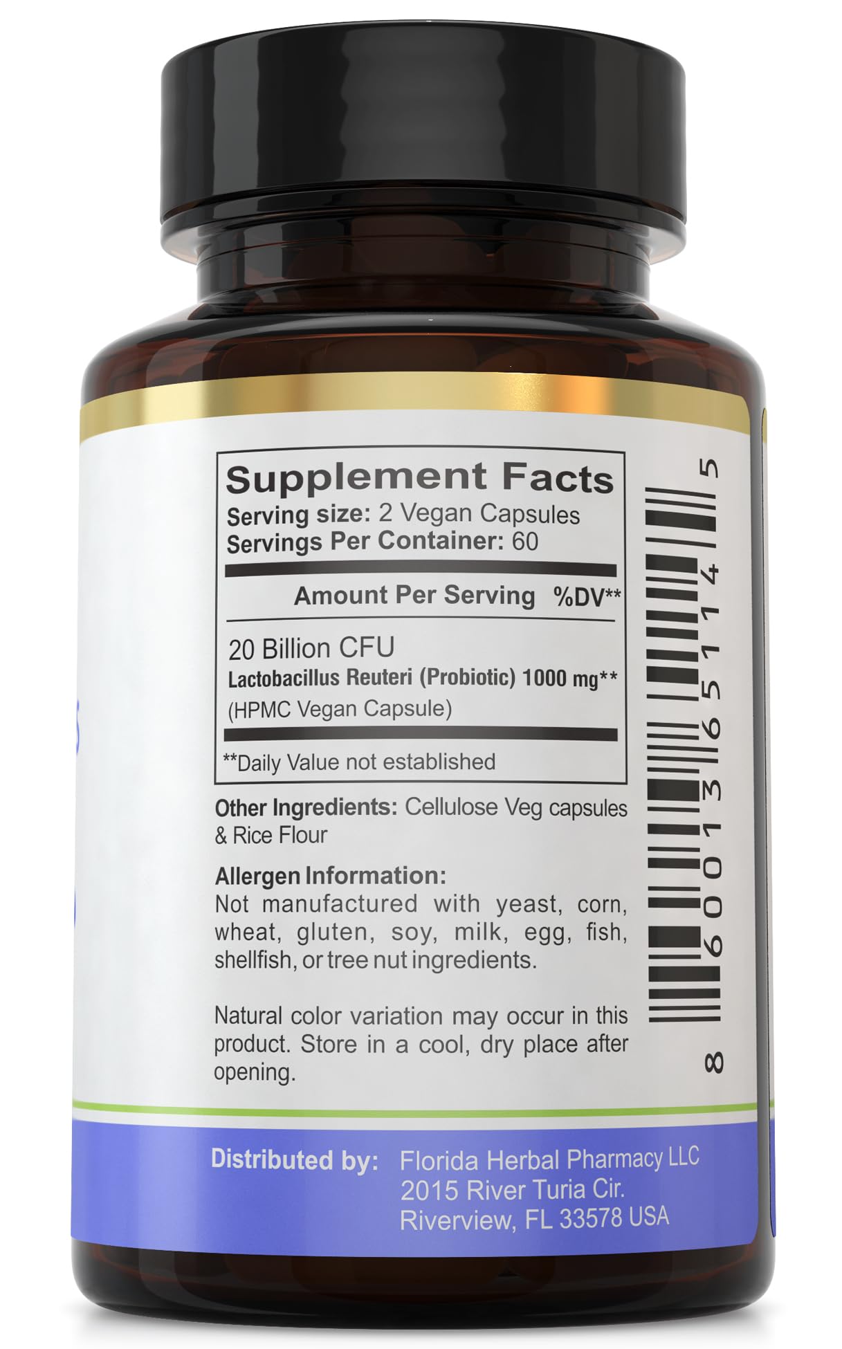 Florida Herbal Pharmacy Lactobacillus Reuteri packaging label indicating GMP quality