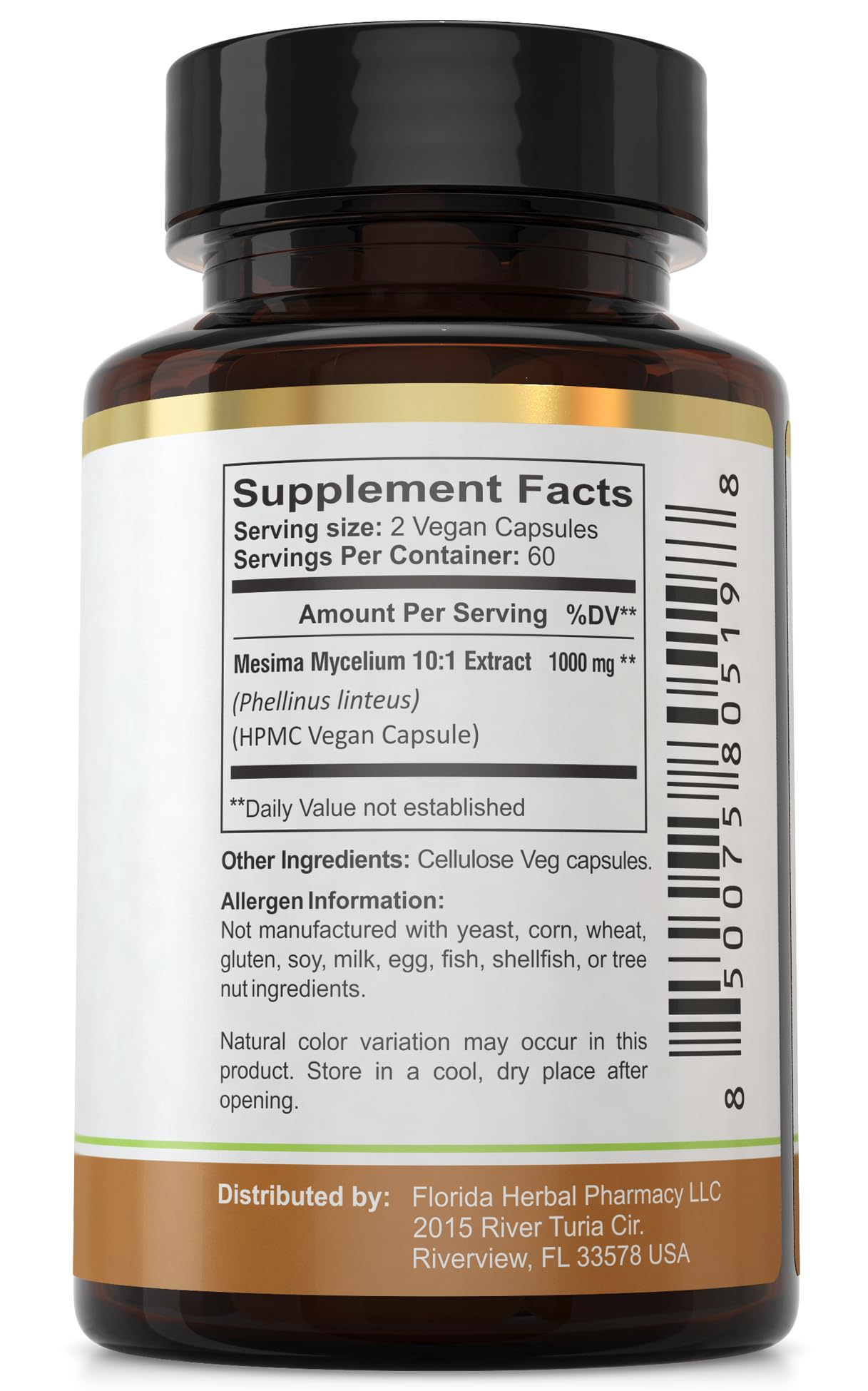 Florida Herbal Pharmacy Mesima extract label close-up emphasizing GMP and third-party testing.