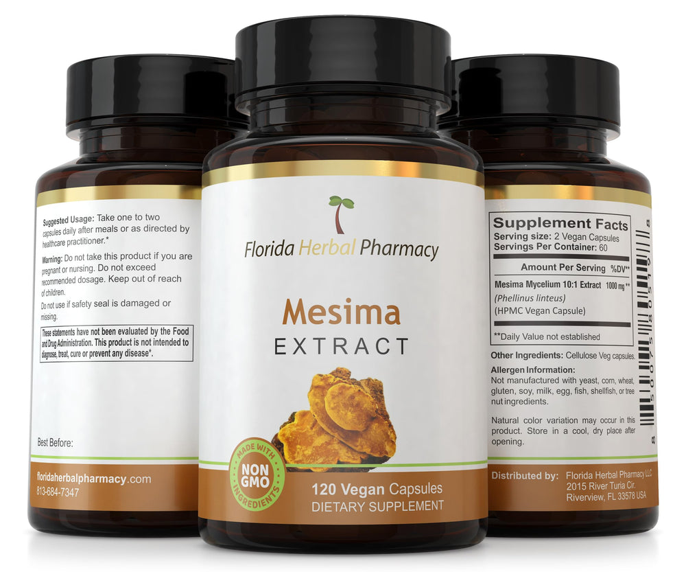 Florida Herbal Pharmacy Mesima extract product hero image on shelf suggesting two months supply.