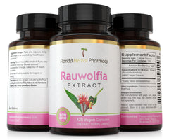 Bottle of Florida Herbal Pharmacy rauwolfia extract capsules being poured for easy dosing