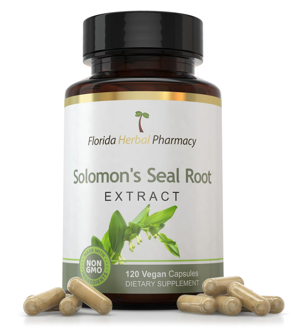 Florida Herbal Pharmacy Solomons Seal extract capsules bottle, highlighting daily dosage benefits and quality