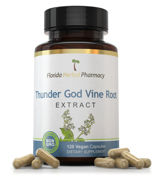 Florida Herbal Pharmacy Thunder God Vine Root bottle displaying label for convenient daily supplementation.