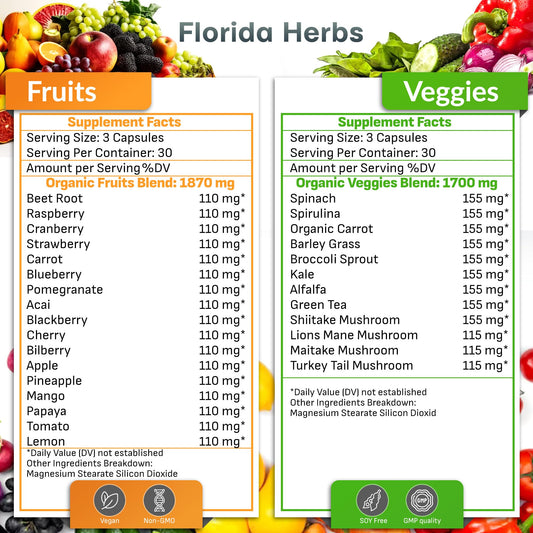 Florida Herbs Fruits & Veggies capsules providing vegan, soy-free daily vitamins