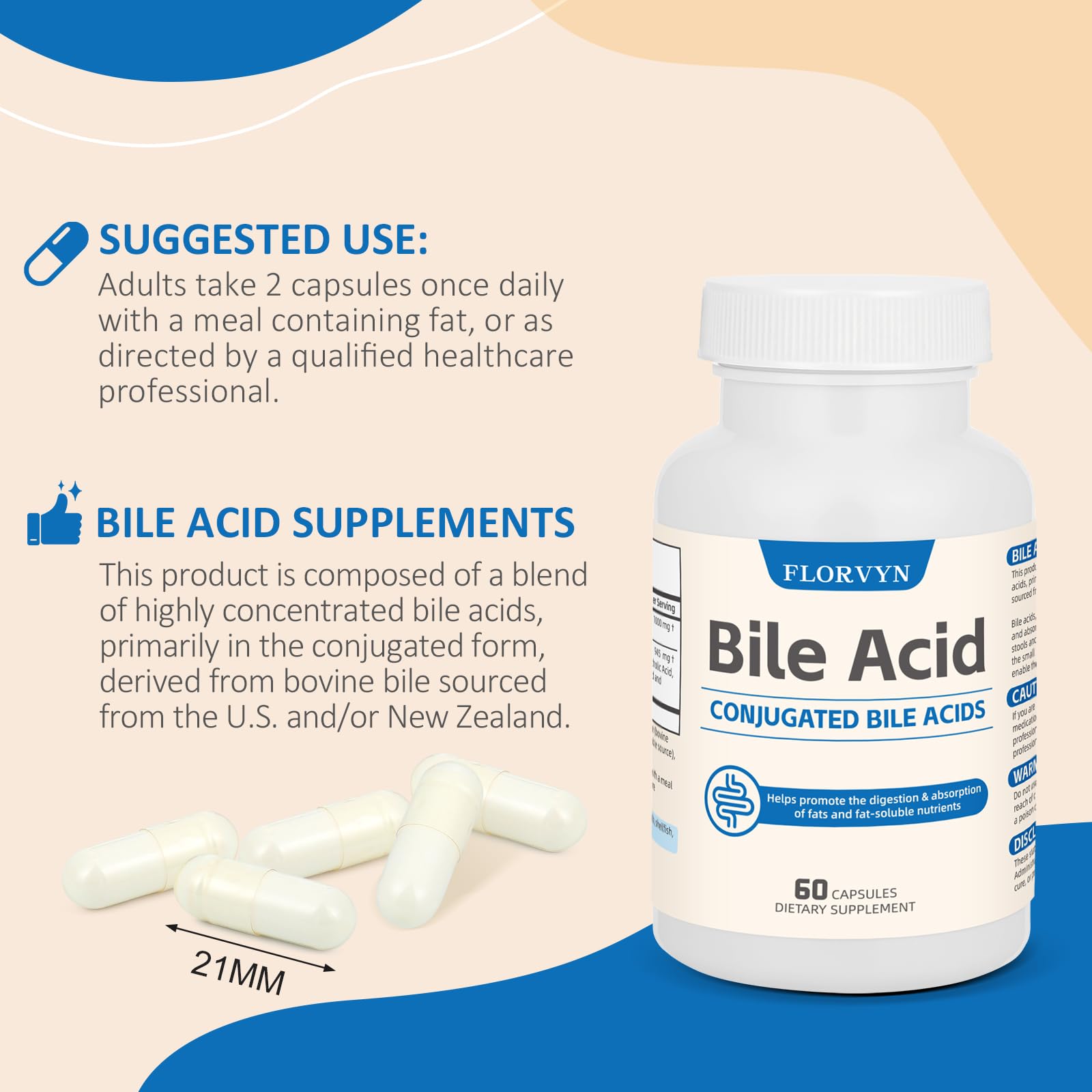 Florvyn Conjugated Bile Acid Supplement with meals visual suggesting support for fat digestion