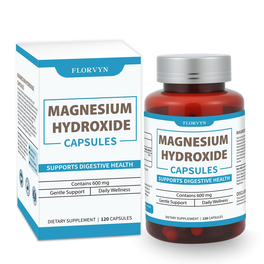 Florvyn magnesium hydroxide capsules bottle side view for daily digestive support.