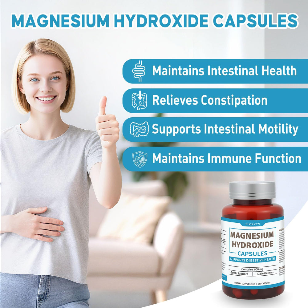 Florvyn magnesium hydroxide capsules label close-up highlighting daily use.