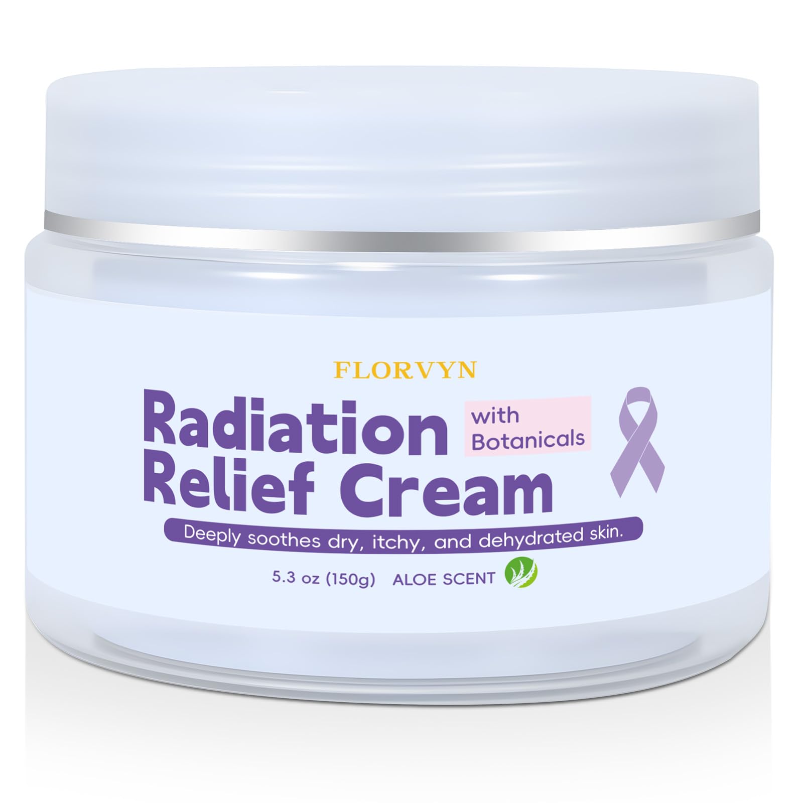 Florvyn Radiation Burn Relief Cream bottle on shelf for soothing daily hydration.