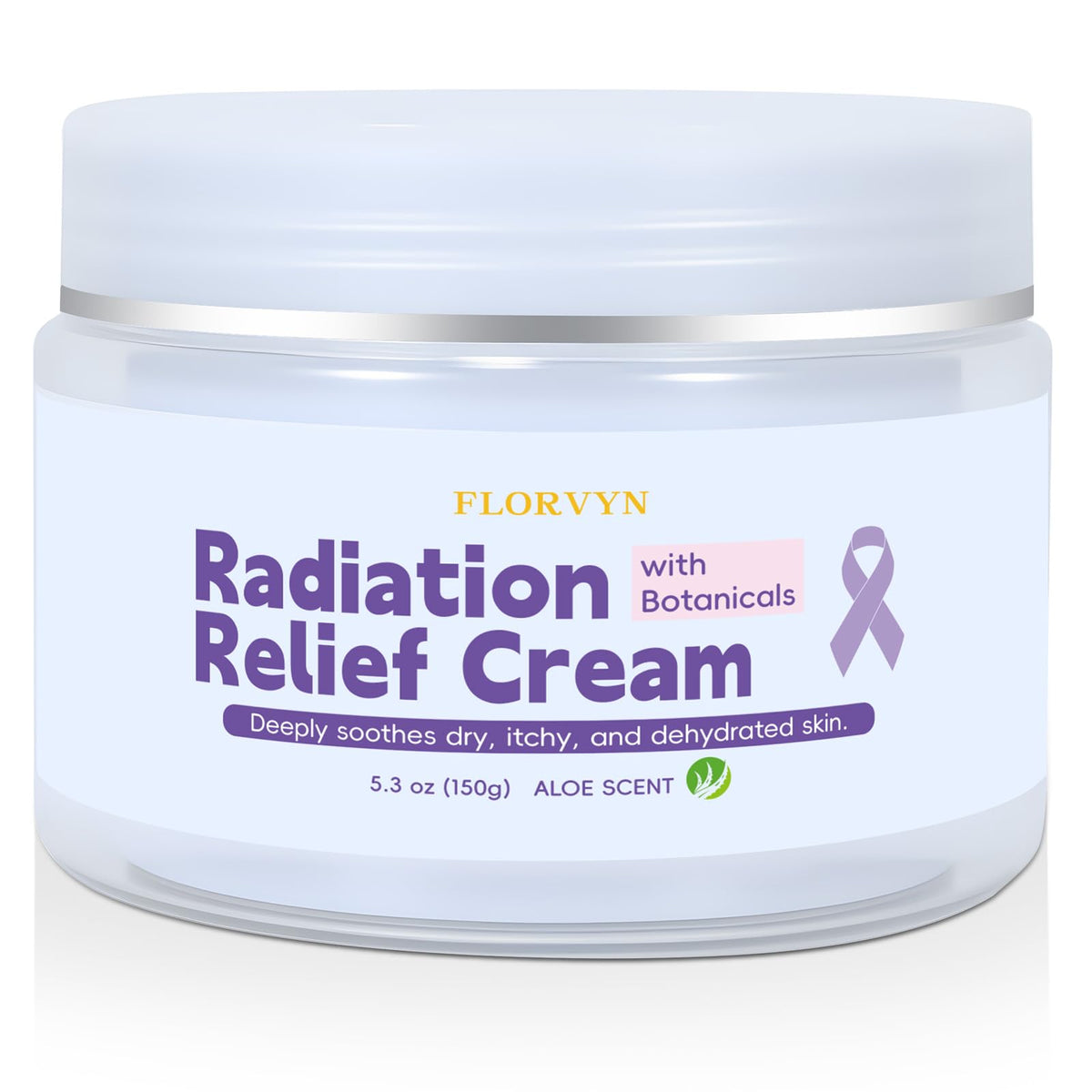 Florvyn Radiation Burn Relief Cream bottle on shelf for soothing daily hydration.