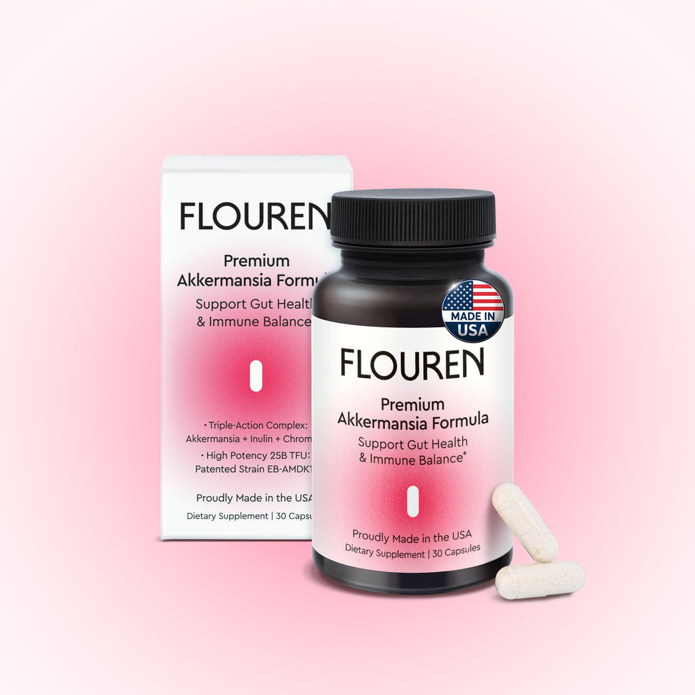 Flouren capsules close-up showing high-potency postbiotic for daily wellness.