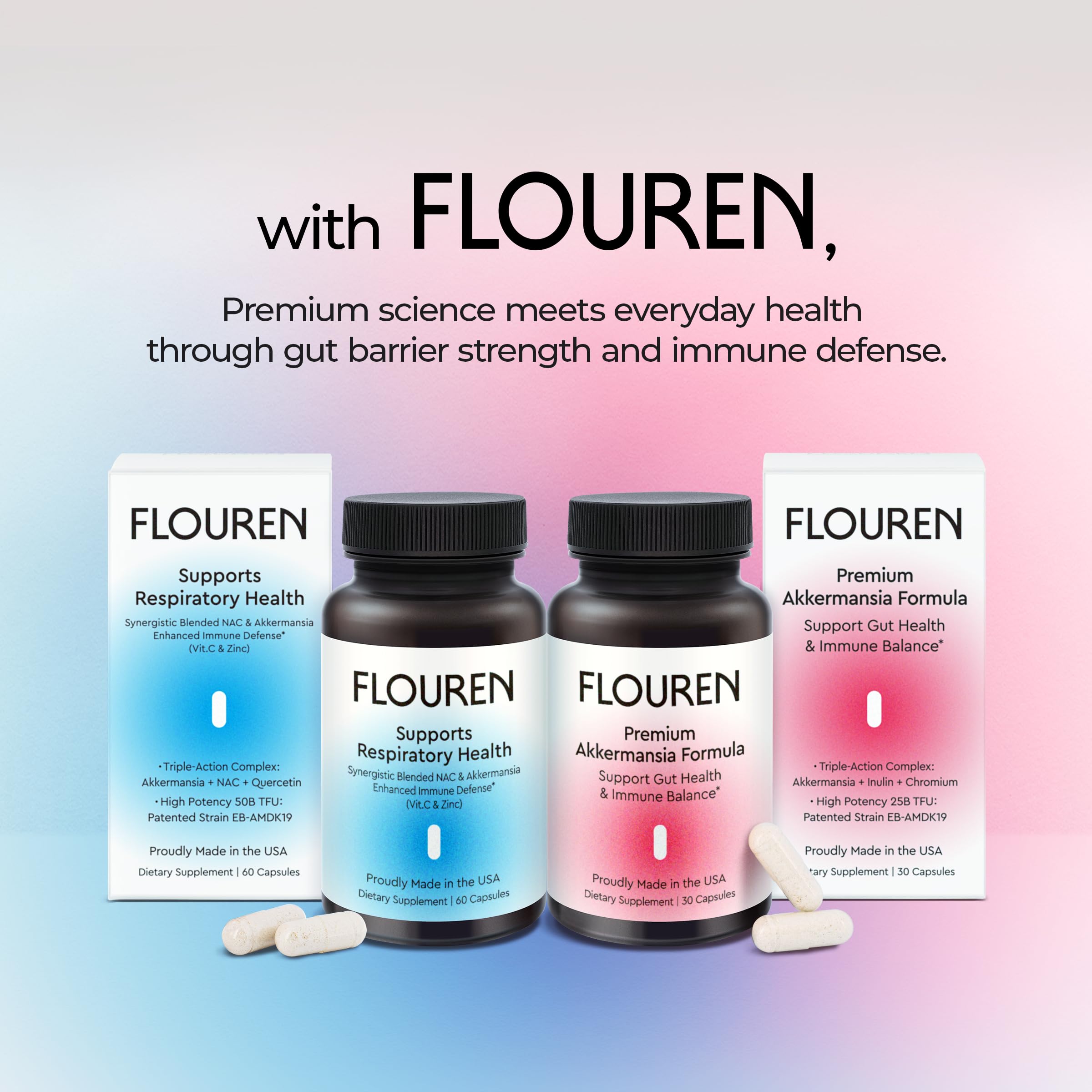 Flouren label highlights GRAS-certified ingredients and USA-made quality.