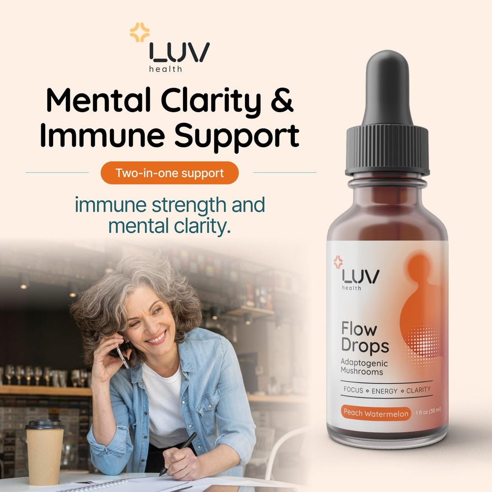 Flow Drops LUV immune-support bottle for daily wellness routine.