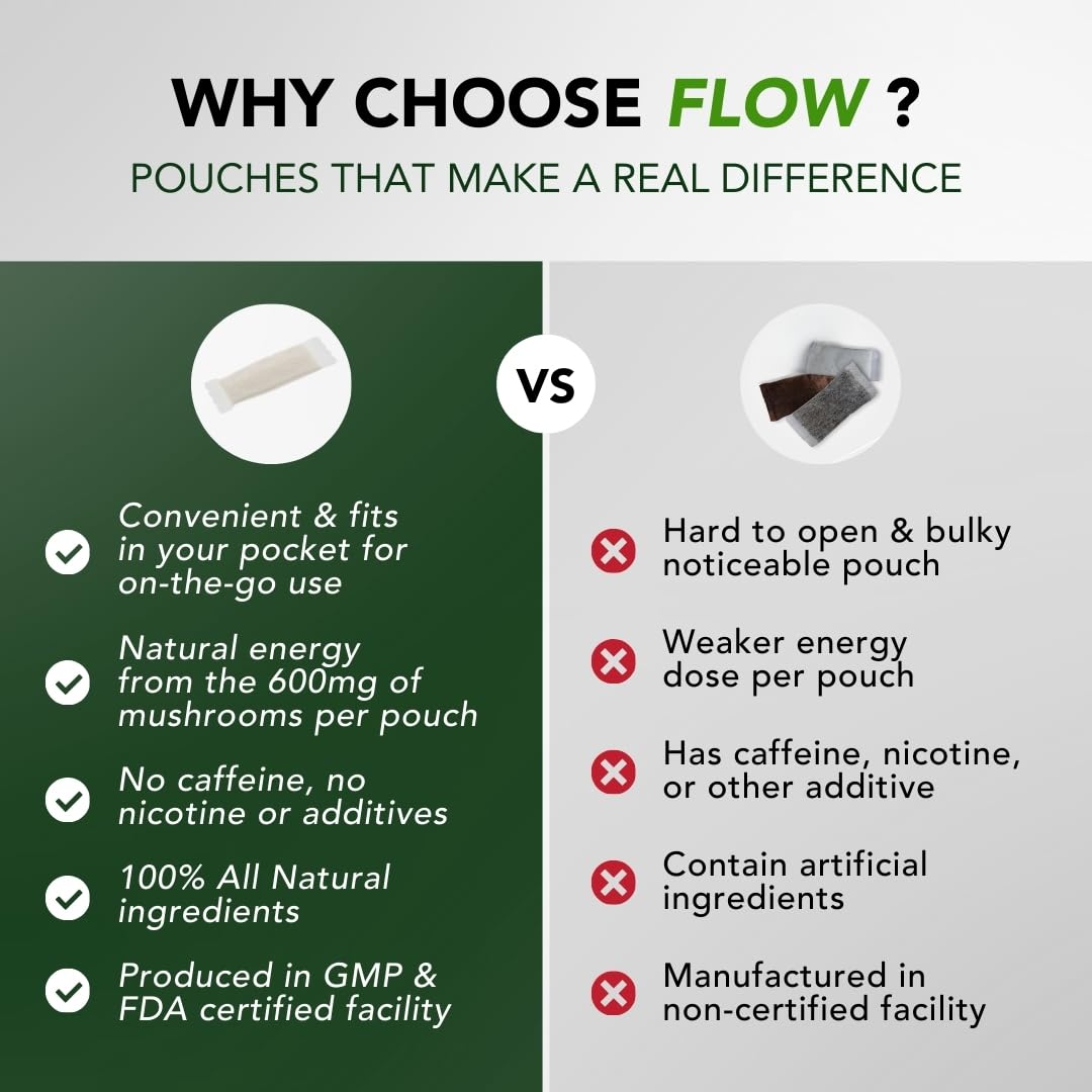 Flow Pouches energy-note visual emphasizing mushroom blend without caffeine or sugar.