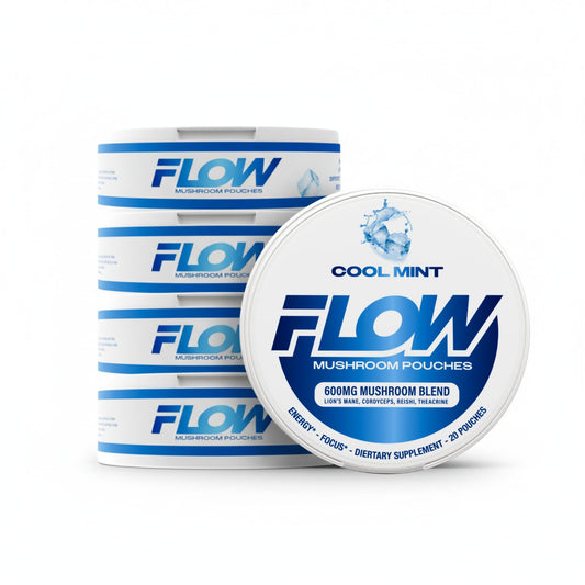 Flow Pouches Mushroom Energy Cool Mint Pack; refreshing, caffeine-free focus boost.