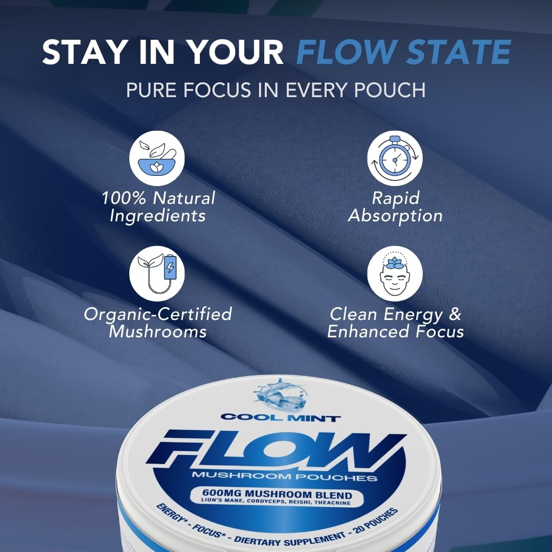 Flow Pouches Mushroom Energy Pack Open; ready-to-use pouch for on-the-go focus.