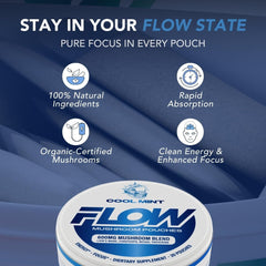 Flow Pouches Mushroom Energy Pack Open; ready-to-use pouch for on-the-go focus.