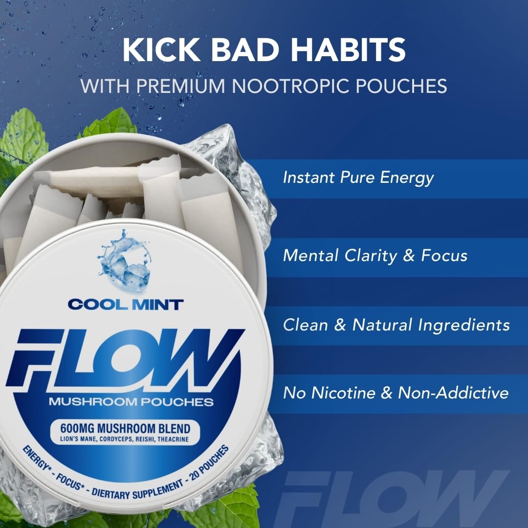 Flow Pouches Mushroom Energy Pouch Closeup; convenient, hands-free focus aid.