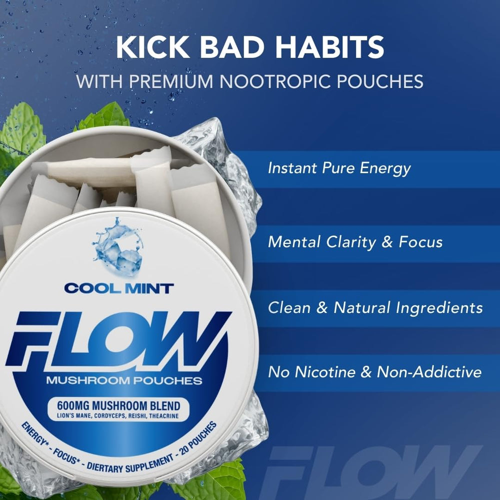 Flow Pouches Mushroom Energy Pouch Closeup; convenient, hands-free focus aid.
