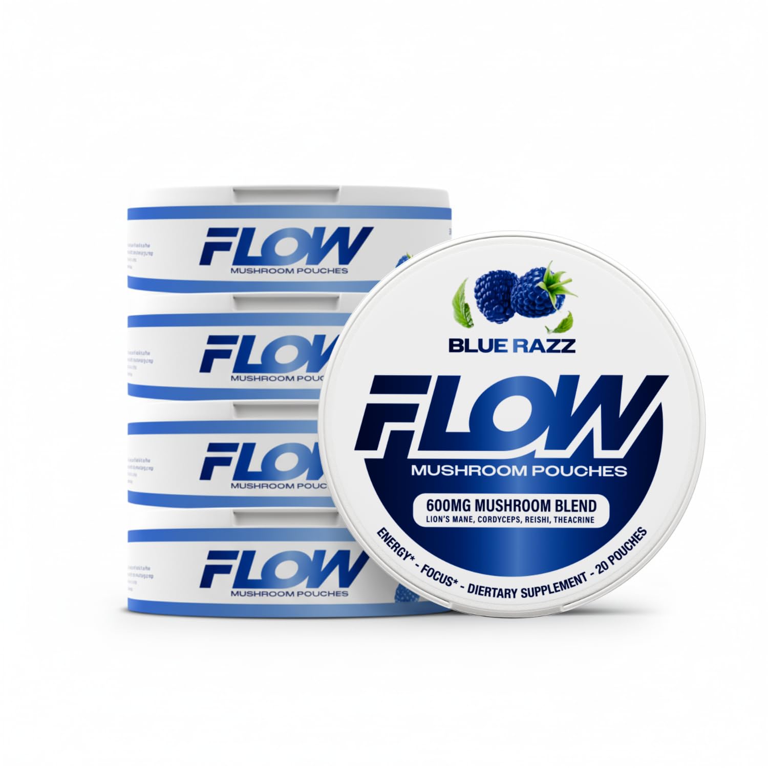 Flow Pouches Mushroom Nootropic Blue Razz front-pack shows caffeine-free focus option