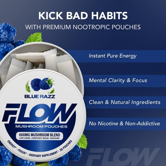 Flow Pouches Blue Razz open pouch demonstrates convenient, hands-free energy on the go