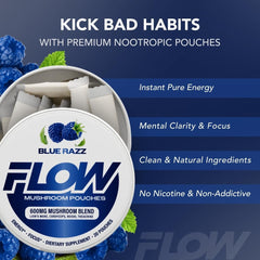 Flow Pouches Blue Razz open pouch demonstrates convenient, hands-free energy on the go