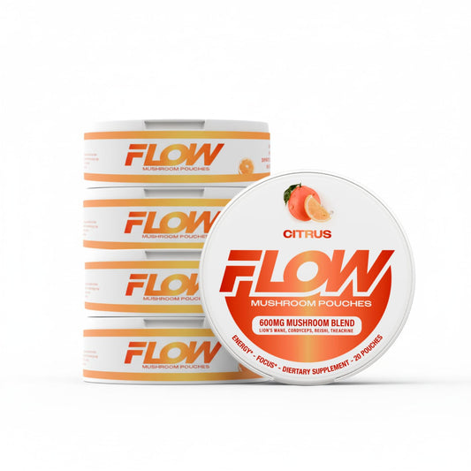 Flow Pouches Mushroom Nootropic bottle pour demonstrates convenient, caffeine-free energy for busy days.
