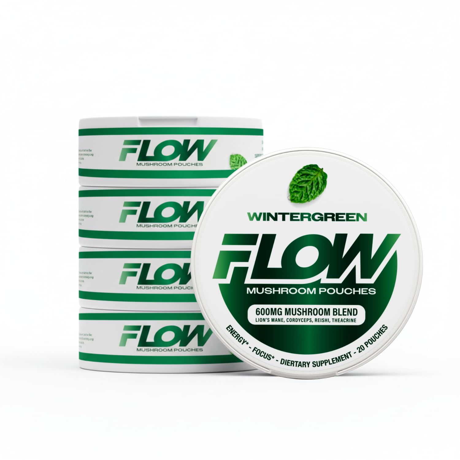 Flow Pouches mushroom nootropic can in wintergreen for focused work without caffeine
